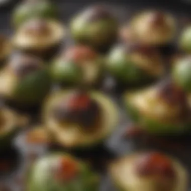 Close-up of roasted Brussels sprouts drizzled with maple syrup