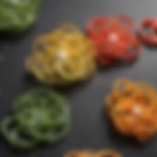 Close-up of various Oxo spiralizer blades showcasing their unique designs