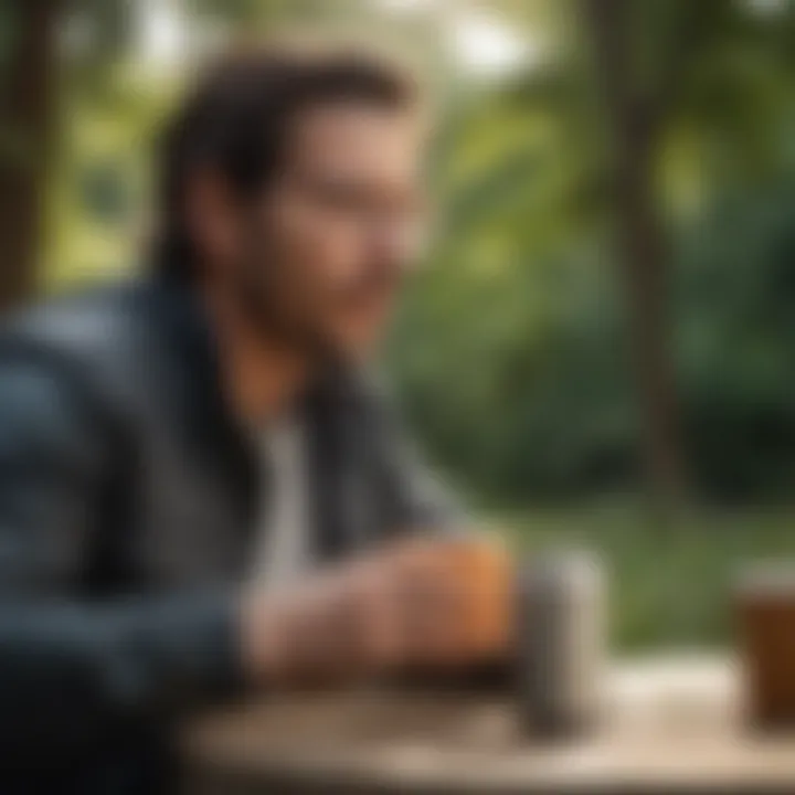 Person enjoying coffee from a stainless steel thermos mug in an outdoor setting