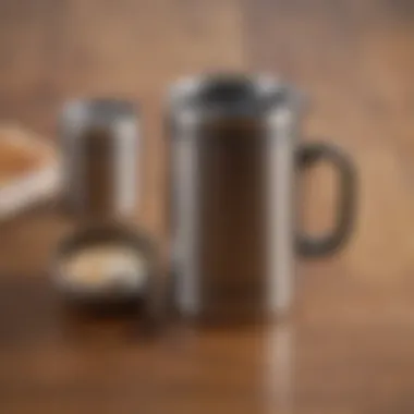 A sleek stainless steel thermos café mug on a wooden table