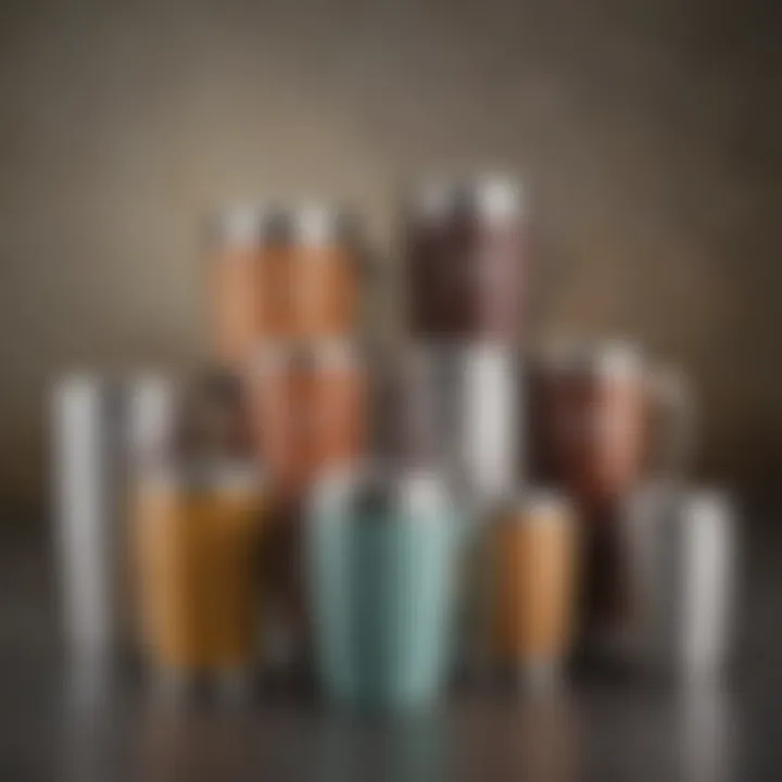 A variety of stainless steel thermos mugs displayed with different beverages