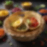 An assortment of colorful tortilla baskets filled with various ingredients