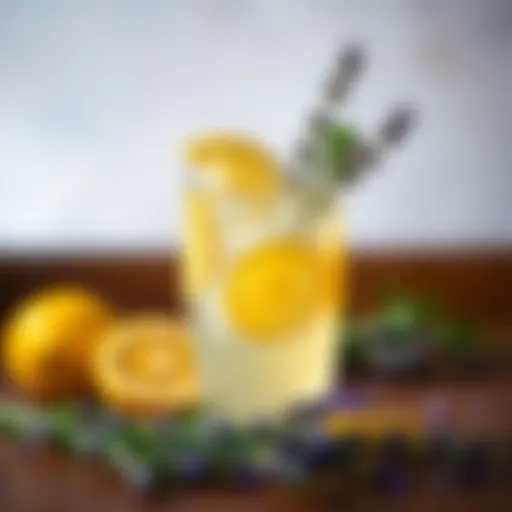 Lavender Lemonade Delight A refreshing glass of lavender lemonade garnished with lavender sprigs and lemon slices