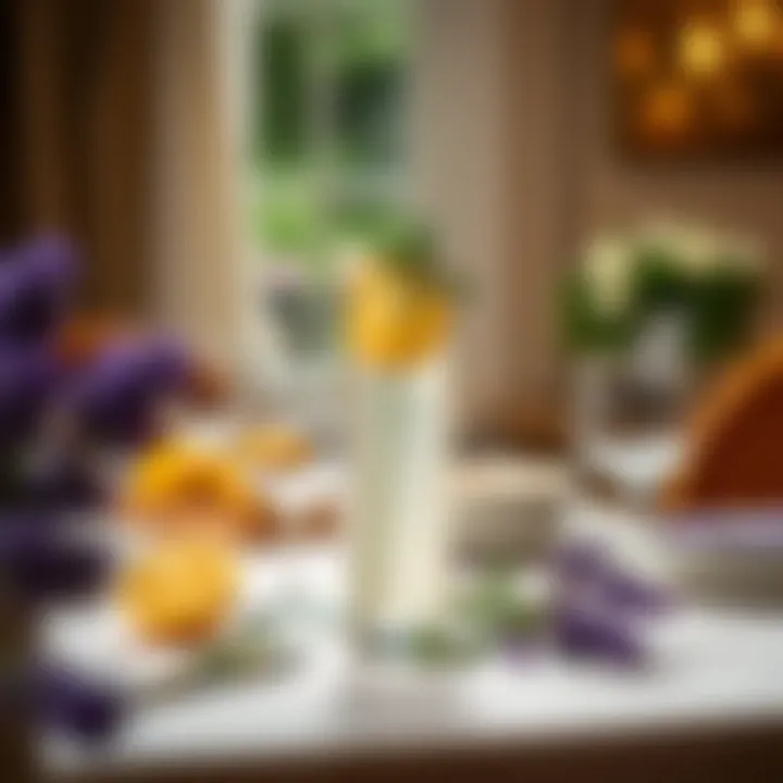 A beautifully styled table setting featuring lavender lemonade and fresh herbs