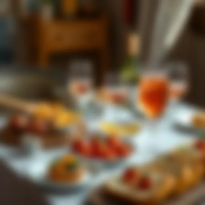 Elegant Spread with Rosé Spritz and Food Pairings An elegant table spread featuring various food pairings alongside rosé spritz drinks.