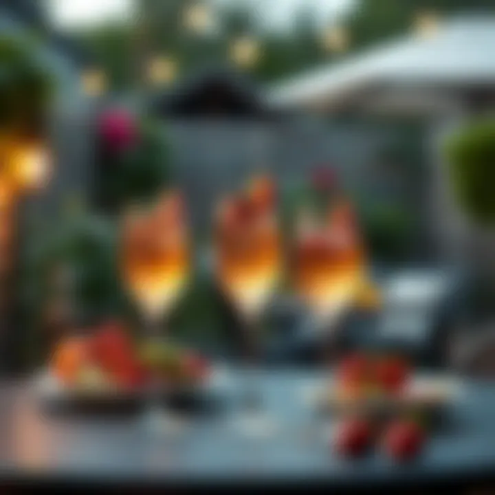 Charming Outdoor Patio with Rosé Spritz A charming outdoor patio setting with rosé spritz cocktails adorned with fresh fruit.