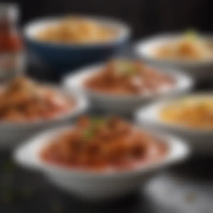 Close-up of flavorful wing sauces in elegant bowls