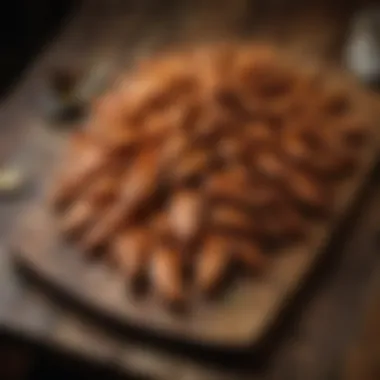 Artfully arranged wings on a rustic wooden table