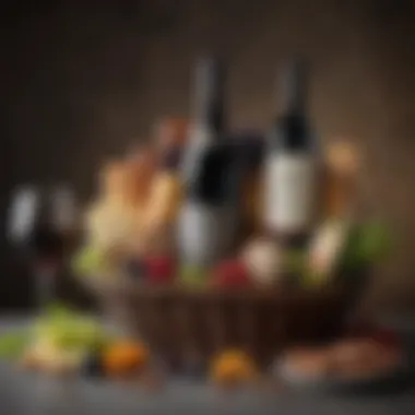 A beautifully presented wine basket with gourmet snacks and decorative elements.