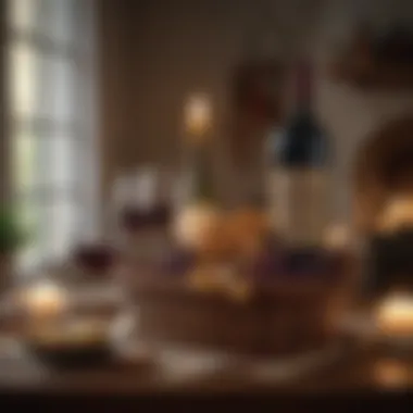 A cozy setting featuring a wine gift basket beside a flickering candle.