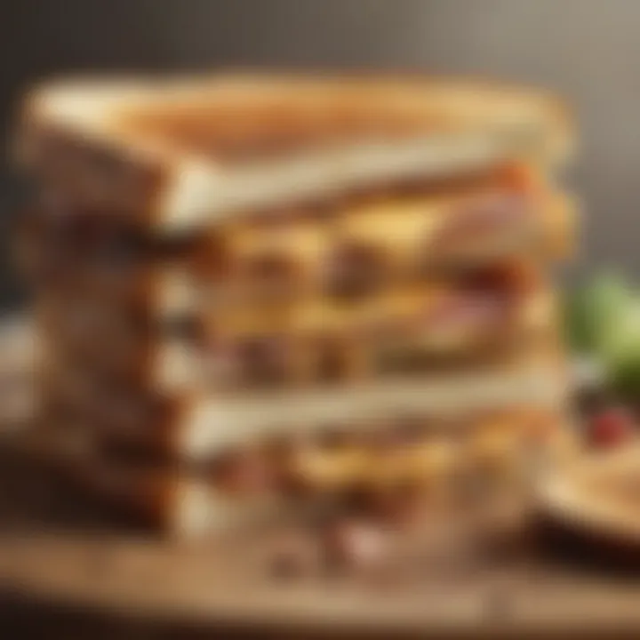 A close-up of a toasted sandwich revealing its flavorful layers