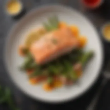 Delicious Keto Meal Presentation A beautifully arranged plate showcasing a keto meal with salmon and asparagus