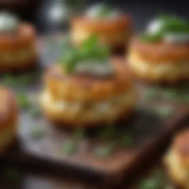 Close-up of crispy potato cakes topped with fresh herbs and served with a tangy dip.