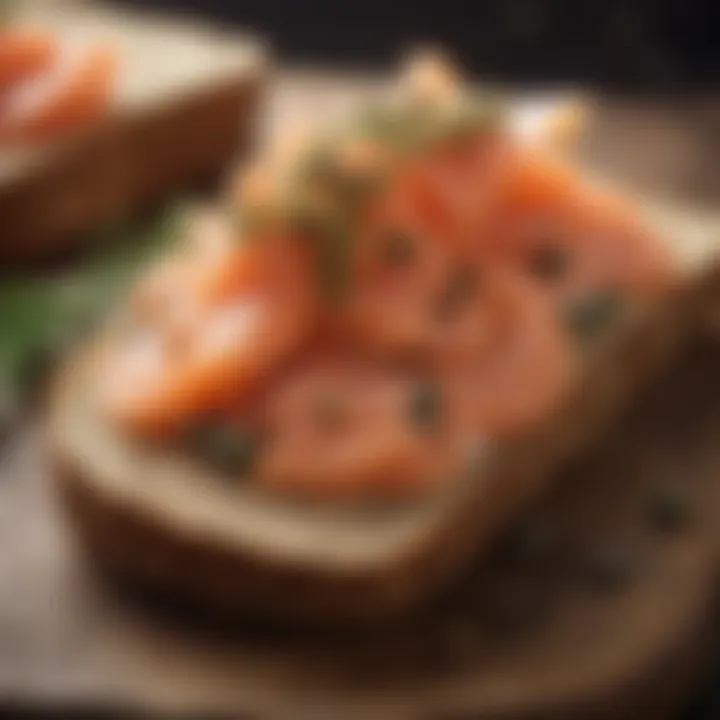 An elegant presentation of smoked salmon on brown bread with capers and dill.