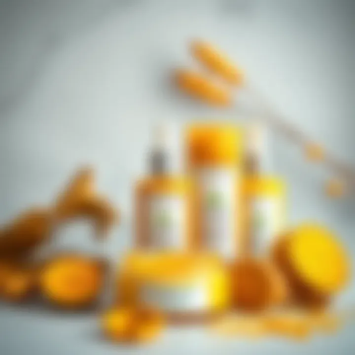Homemade Turmeric Skincare Products An elegant display of homemade skincare products infused with turmeric