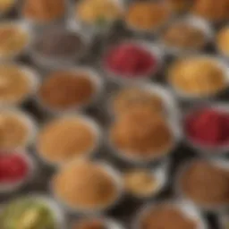 A close-up view of various waffle mixes in bowls showcasing different textures and colors