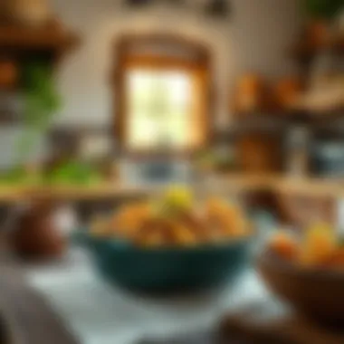Rustic Kitchen with Mediterranean Potatoes A rustic kitchen setting featuring Mediterranean potatoes in a traditional dish