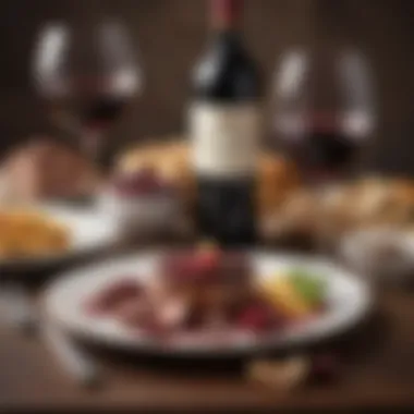 An enticing food pairing scene, featuring non-alcoholic red wine alongside gourmet dishes.