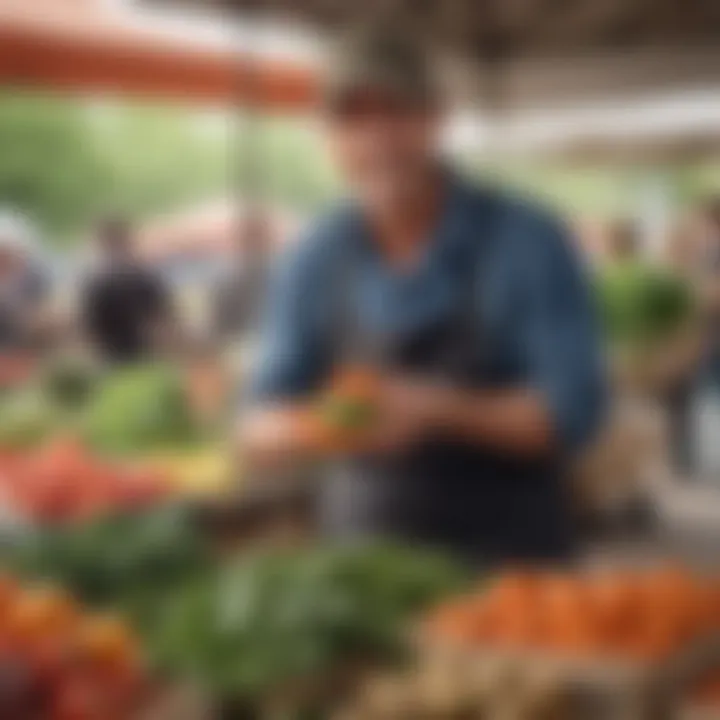 A cheerful farmer selling fresh vegetables to customers.