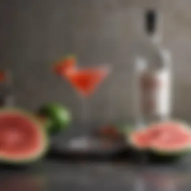 Fresh watermelon slices and vodka bottles elegantly arranged for cocktail preparation