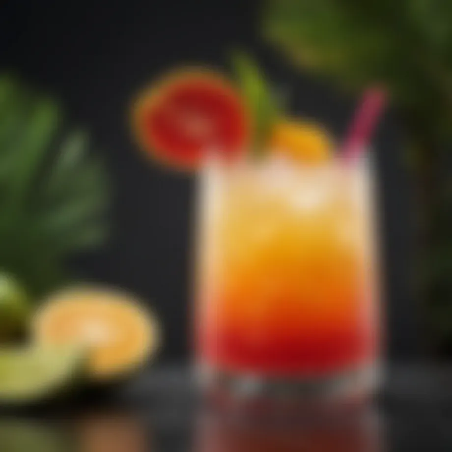 Vibrant tropical cocktail garnished with fresh fruit