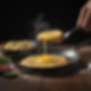 A frying spatula in action, expertly flipping a perfectly cooked omelet.