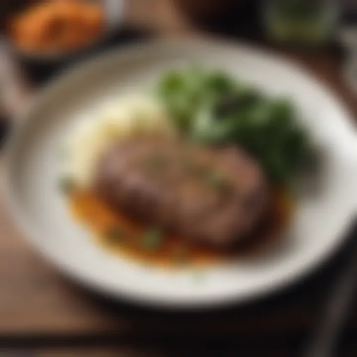 A beautifully plated steak dish garnished with herbs and spices