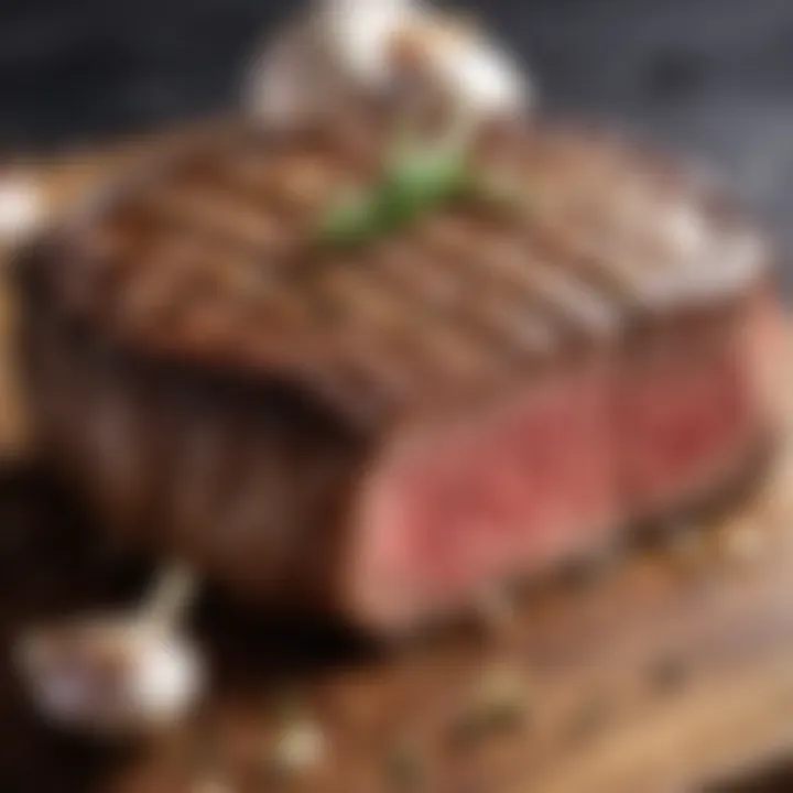 An elegant steak seasoned with garlic and ready to be grilled