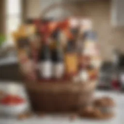 An elegant gift basket featuring gourmet snacks and fine wines, perfect for Mother's Day.