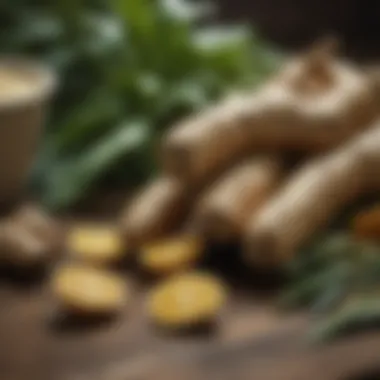 A traditional herbal medicine setup with ginger root as a key ingredient.