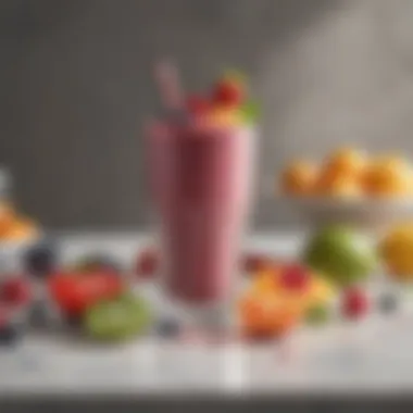 A smoothie filled with vibrant fruits and protein powder placed on a countertop