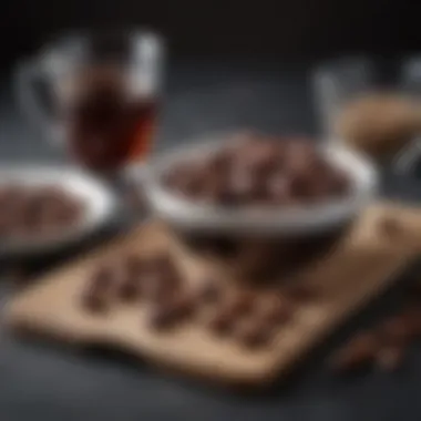 A bowl of dark chocolate-covered almonds placed next to a glass of herbal tea