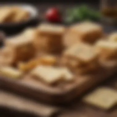 Savory Crackers with Artisanal Cheeses An elegant spread of whole grain crackers with various cheese selections