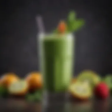 A vibrant smoothie made with greens and fruits served in a stylish glass