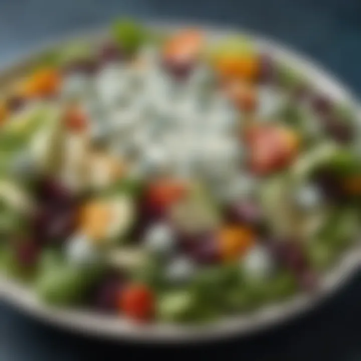 A gourmet salad drizzled with Treasure Cave Blue Cheese Dressing, showcasing vibrant colors and textures