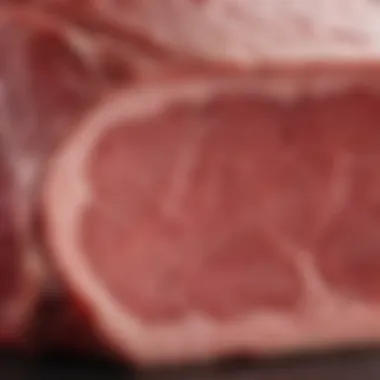 A close-up of a grain-fed beef cut showcasing its marbling and texture