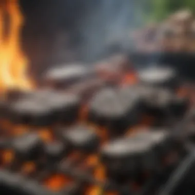 A grill with both lump charcoal and briquettes burning, illustrating performance differences