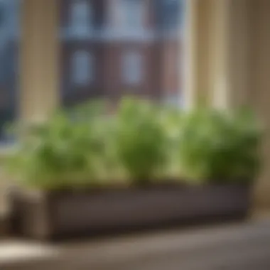 Close-up of fresh herbs thriving in a windowsill planter