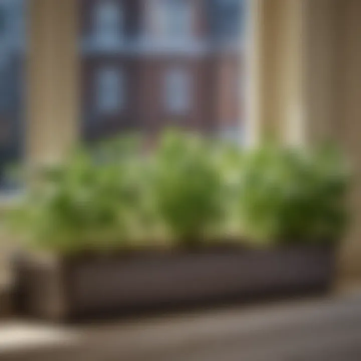 Close-up of fresh herbs thriving in a windowsill planter