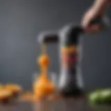 A close-up of a handheld blender in action blending ingredients