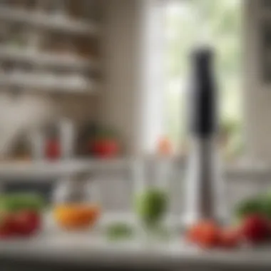 A beautifully arranged kitchen setting with a handheld blender prominently displayed