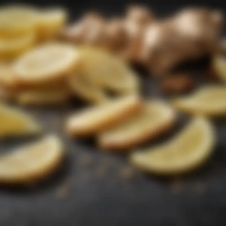 Close-up of ginger slices with spices and lemon