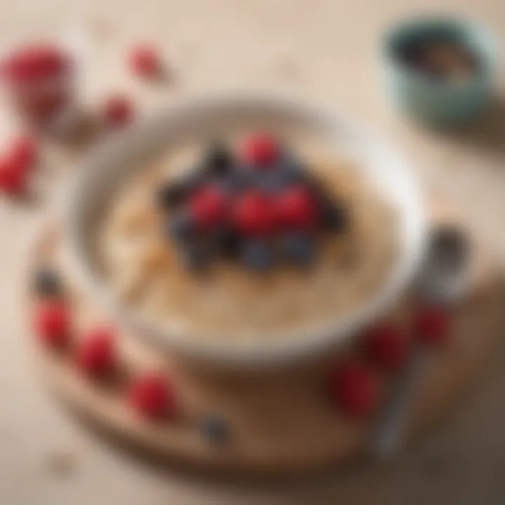 A bowl of oatmeal topped with berries and seeds