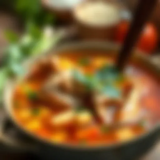 A bowl of vibrant chicken soup filled with fresh vegetables and herbs