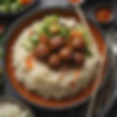 A beautifully plated dish of Hello Fresh Asian meatballs accompanied by rice and vegetables