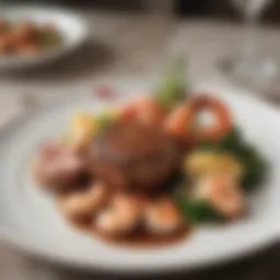 A beautifully plated surf and turf dish showcasing steak and shrimp