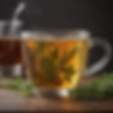 A close-up of a brewing cup of herbal tea with aromatic herbs