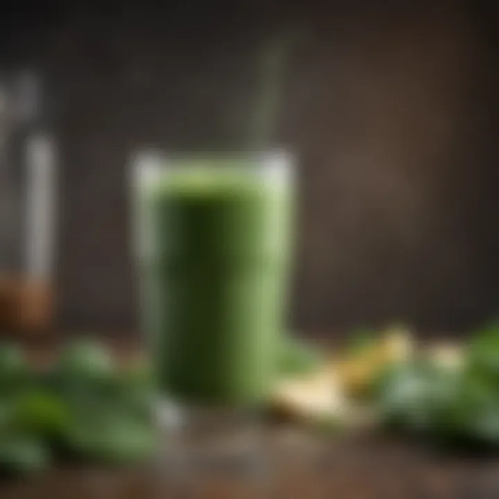 A colorful smoothie packed with spinach, banana, and protein powder