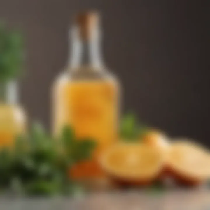 A close-up view of a bottle of homemade natural cleaner with fresh herbs and citrus fruits.