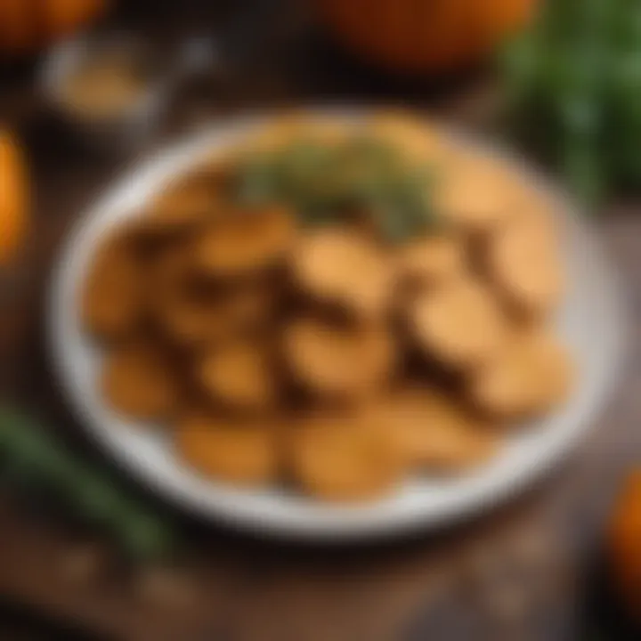 A beautifully arranged plate of homemade pumpkin dog treats garnished with herbs